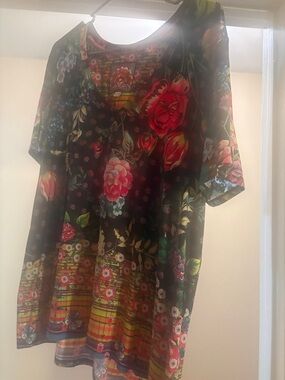 Johnny Was Black Floral Short Sleeve Tee with Red and Pink Roses